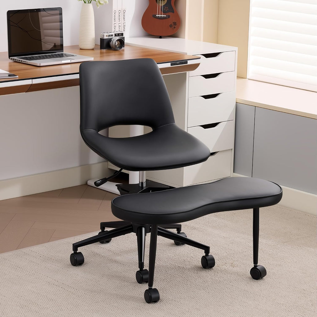 Ergonomic Cross-Legged Lounge Chair – High Lumbar Support, Adjustable Height, 360° Swivel, Wide Criss Cross Seat, Smooth Wheels – Ideal for Meditation, Yoga, ADHD – PU Leather, Black