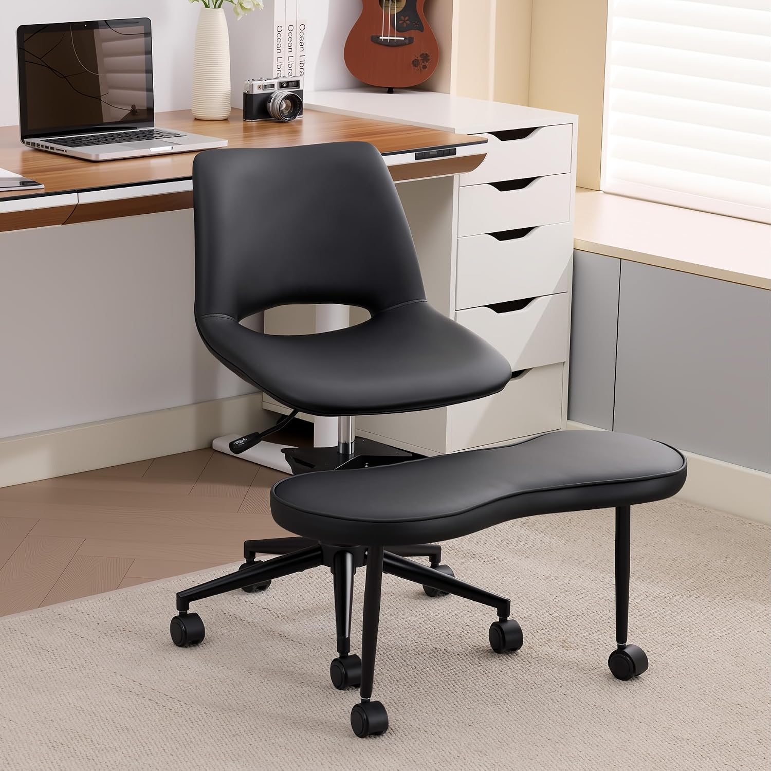 Ergonomic Cross-Legged Lounge Chair – High Lumbar Support, Adjustable Height, 360° Swivel, Wide Criss Cross Seat, Smooth Wheels – Ideal for Meditation, Yoga, ADHD – PU Leather, Black