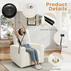 Power Swivel Rocking Chair Nursery with Armrest Storage, Skin-Friendly White Corduroy Nursing Chair Copy Thickened High-Density Foam Rocking Recliner with USB & C Port, Cup & Phone Holder