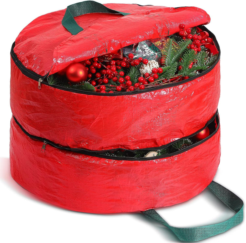 Shappy Double Layer Wreath Storage Container Bag Wreath Storage Pure Color Seasonal Garland Holiday Christmas Container Festive Box with Dual Zippers and Handles for Xmas(30 Inch,Red)