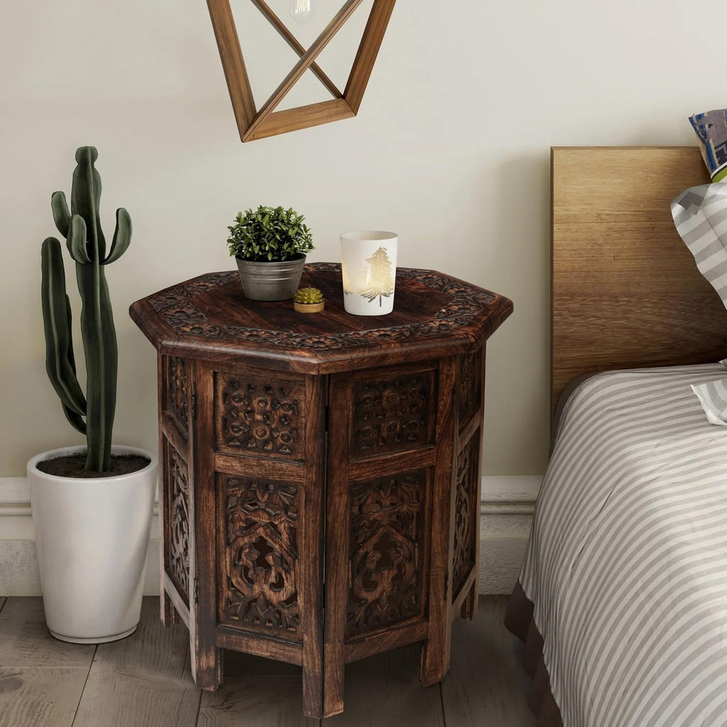 End Tables for Living Room– Hand Carved Vintage Boho Folding Side Tables for Small Spaces, Entryway, Living Room, Bedroom – No Tools Assembly, 18"x18" Octagon, Scorch Burnt Finish