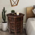 End Tables for Living Room– Hand Carved Vintage Boho Folding Side Tables for Small Spaces, Entryway, Living Room, Bedroom – No Tools Assembly, 18"x18" Octagon, Scorch Burnt Finish