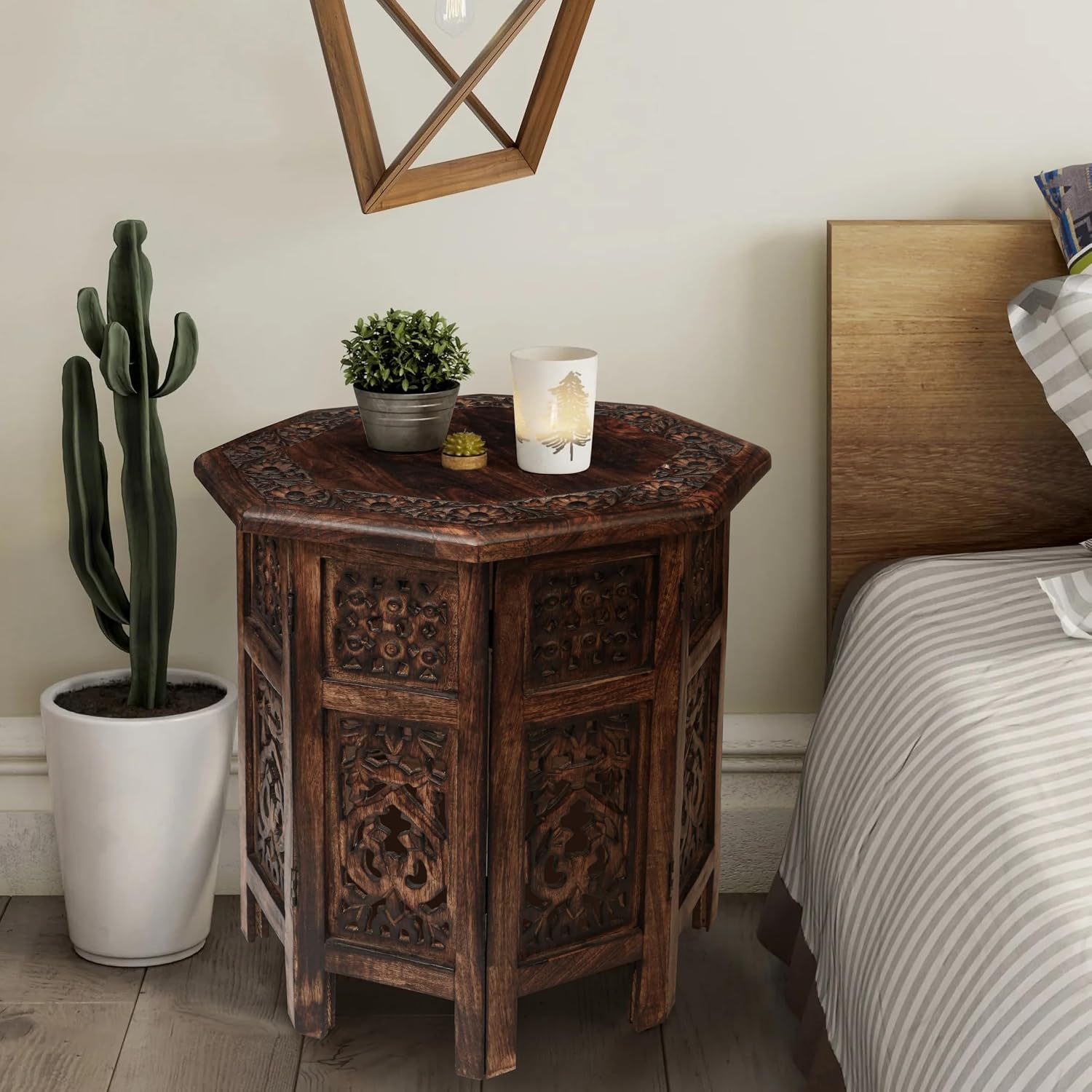 End Tables for Living Room– Hand Carved Vintage Boho Folding Side Tables for Small Spaces, Entryway, Living Room, Bedroom – No Tools Assembly, 18"x18" Octagon, Scorch Burnt Finish