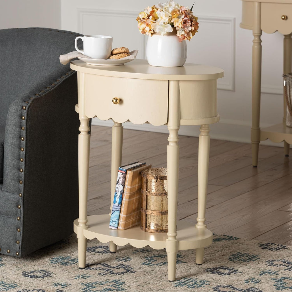 Bali & pari Liba End Table - 1-Drawer Accent Table with Scalloped Detailing and Open Shelf Storage for Hallway, Entryway, and Living Room