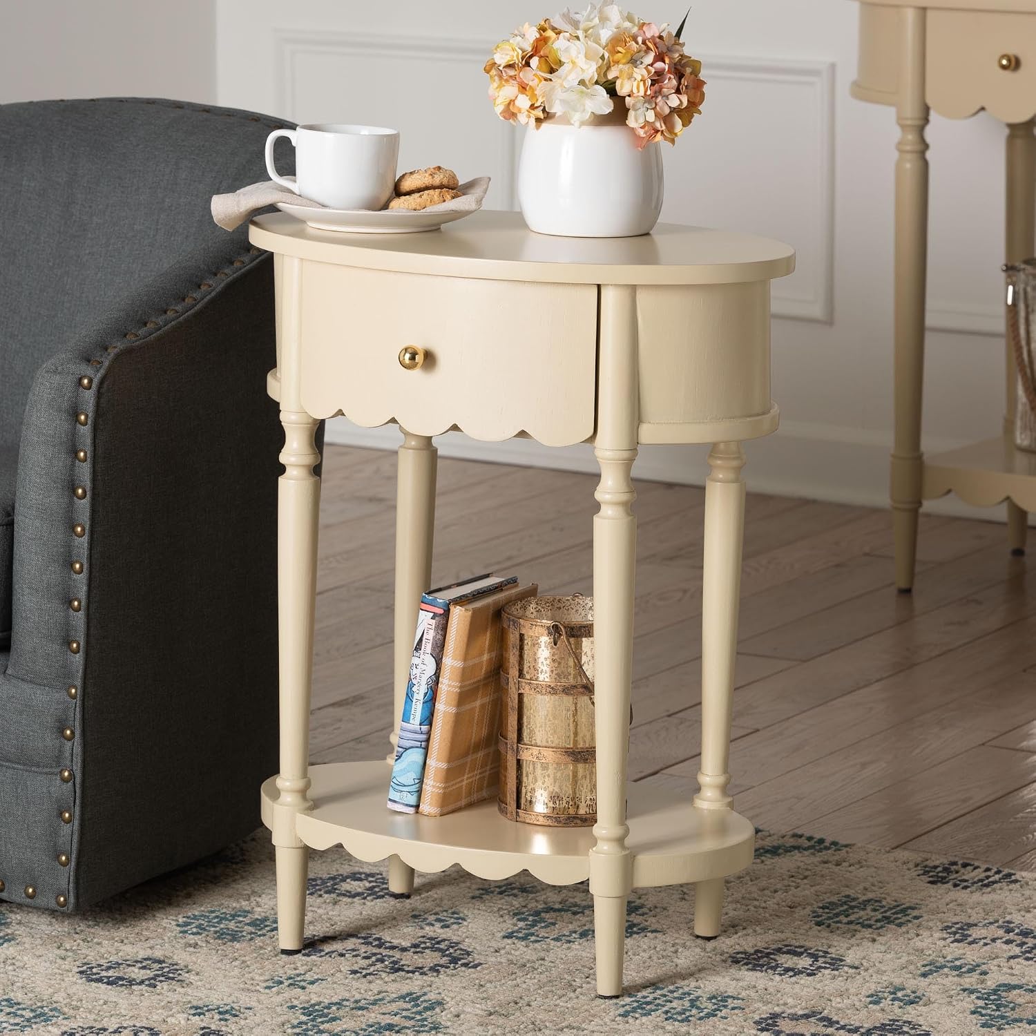 Bali & pari Liba End Table - 1-Drawer Accent Table with Scalloped Detailing and Open Shelf Storage for Hallway, Entryway, and Living Room