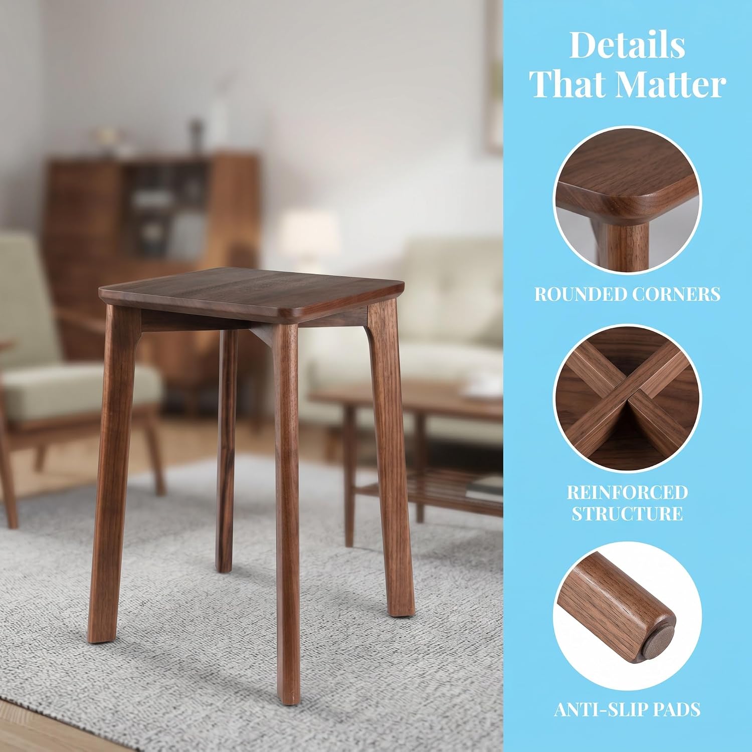 Walnut Wood Mini Square Coffee Table, 12"x12"x17.7" Small Side End Table for Bedside, Sofa Side, Balcony