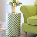 Chi An Home 19.3” Checkered Capiz Shells Drum End Table, Decorative Cylinder Side Table & Garden Stool, Round Pedestal Accent Table for Living Room, Bedroom, Indoor & Outdoor (Pistachio Green)