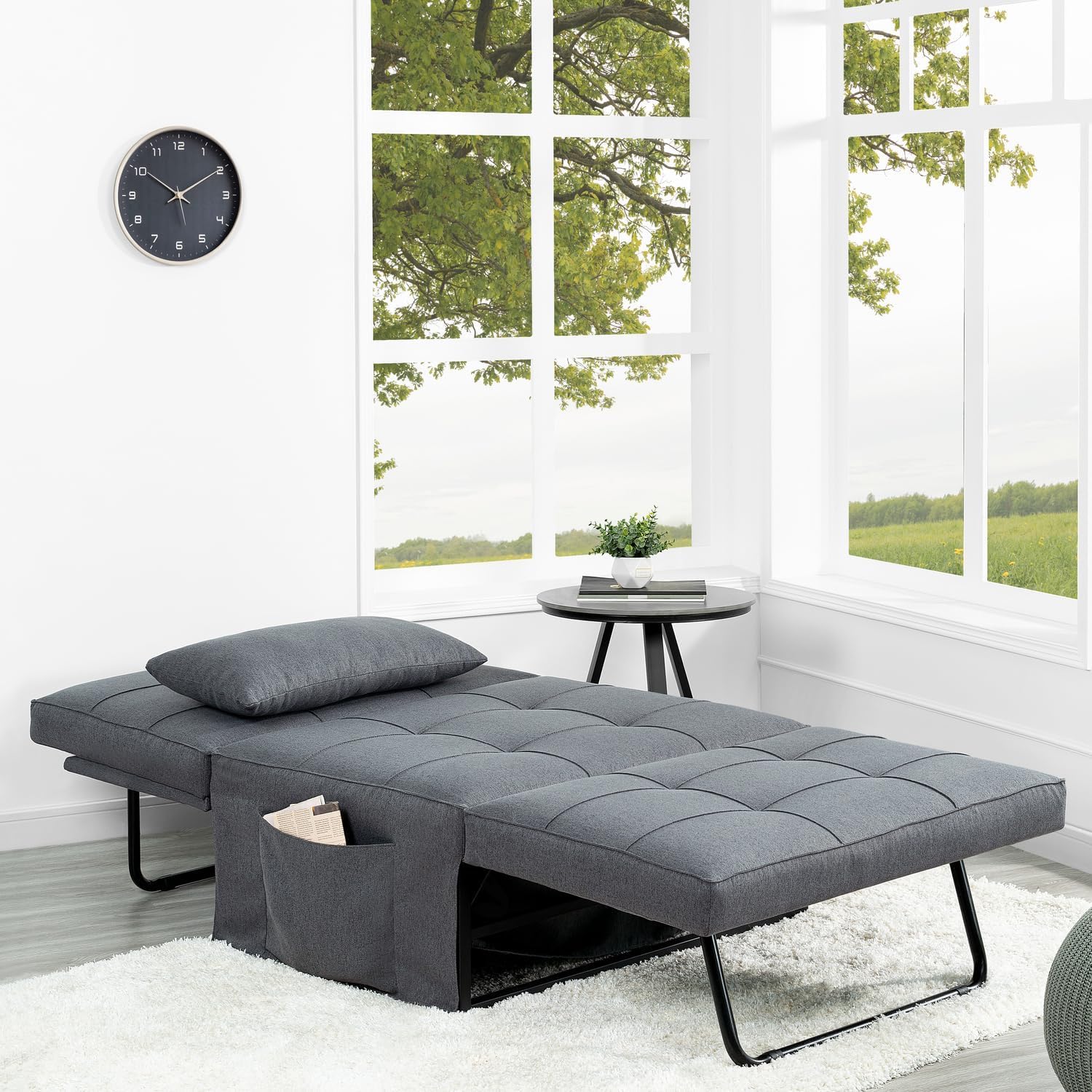 Naomi Home 4-in-1 Folding Chair Bed, Space-Saving Convertible Sleeper Sofa for Apartments & Guest Rooms, Adjustable Backrest, Linen Fabric, Includes Support Pillow in Gray