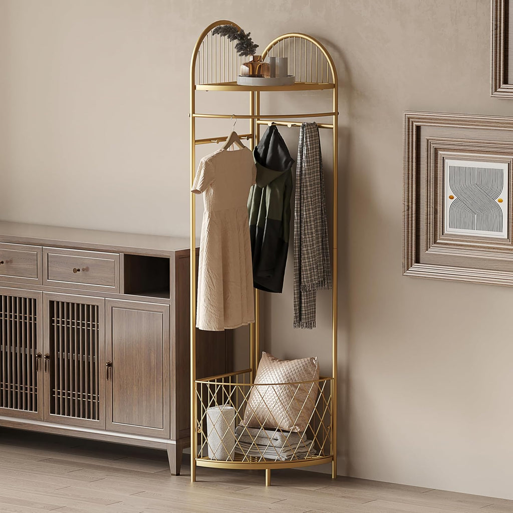 HKaikzo Corner Coat Rack, Gold Clothes Rack with 6 Metal Movable Hooks and Storage Basket Hall Tree Design Clothing Rack for Bedroom Entryway Hallway