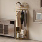 HKaikzo Corner Coat Rack, Gold Clothes Rack with 6 Metal Movable Hooks and Storage Basket Hall Tree Design Clothing Rack for Bedroom Entryway Hallway