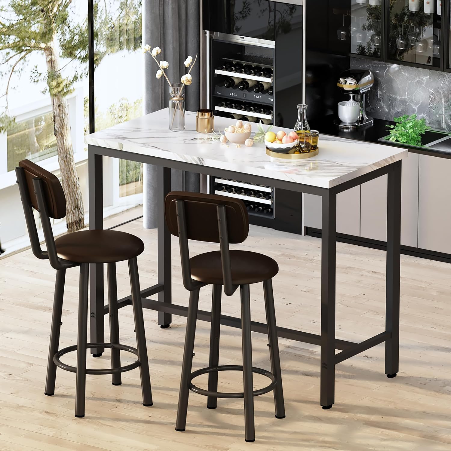 AWQM 3 Piece Bar Table Set of 2,39.3" Pub Bar Table and Chairs Set,Faux Marble Bar Height Table with 2 Backrest Stools,Small Dining Table for 2,Kitchen Table Set for Small Space,White & Brown