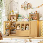 FOTOSOK Toy Storage Organizer with 2 Doors and Movable Drawer, 55.2'' W Toy Organizers and Storage with 9 Cubbies, Kids Bookshelf with Toy Shelf, Playroom Storage Toy Chest Cabinet for Playroom