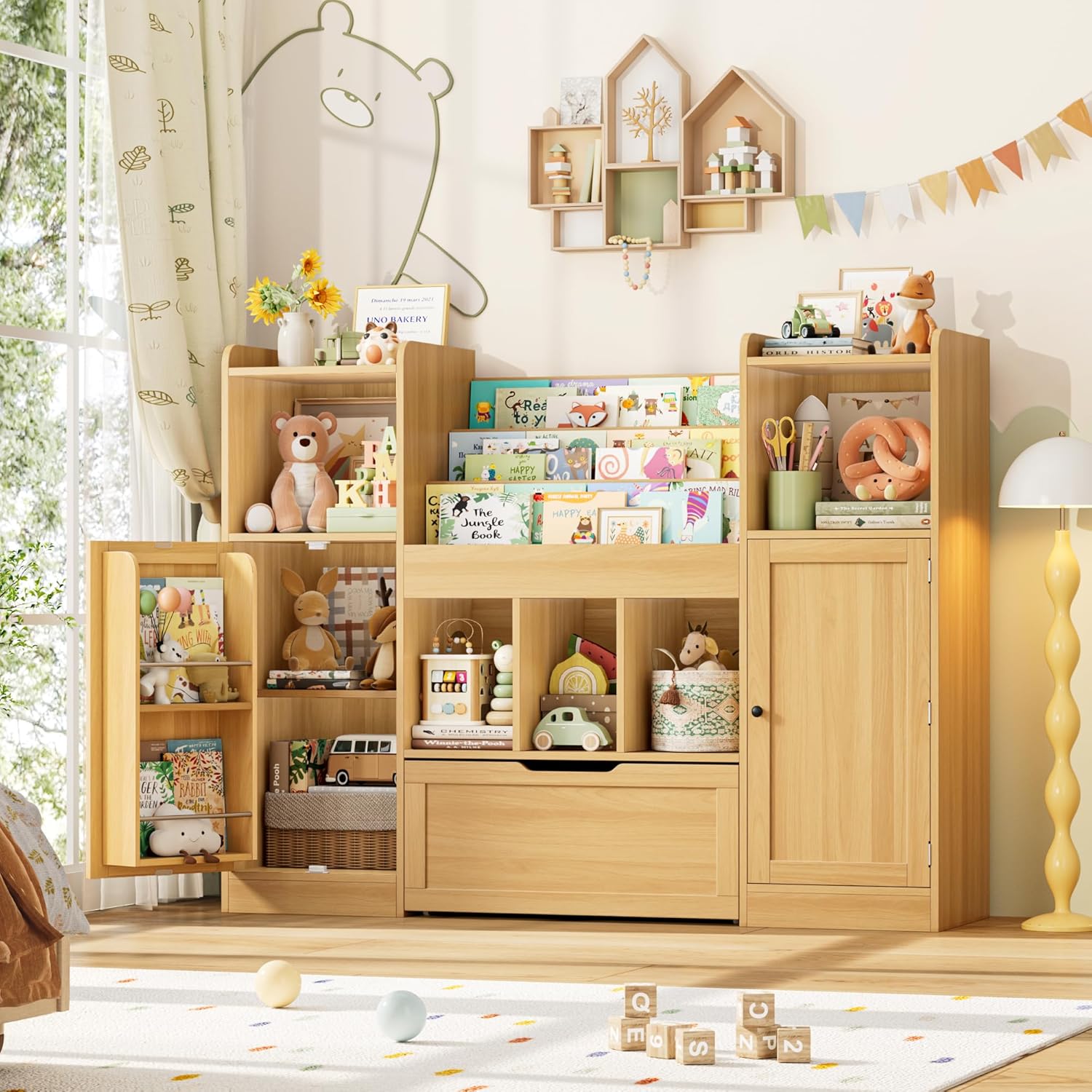 FOTOSOK Toy Storage Organizer with 2 Doors and Movable Drawer, 55.2'' W Toy Organizers and Storage with 9 Cubbies, Kids Bookshelf with Toy Shelf, Playroom Storage Toy Chest Cabinet for Playroom