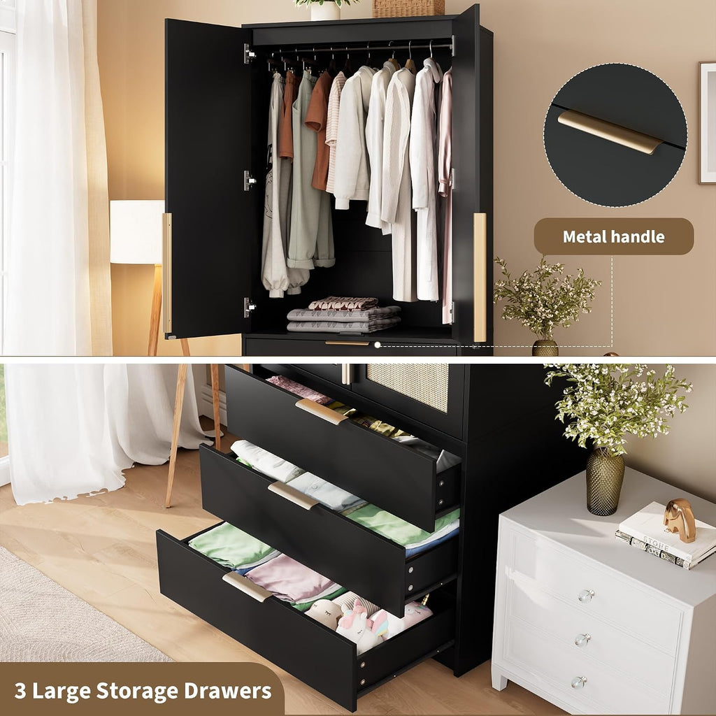 Garvee 70" Wardrobe Armoire Wooden Closet with 2 Doors and 3 Drawers, Black