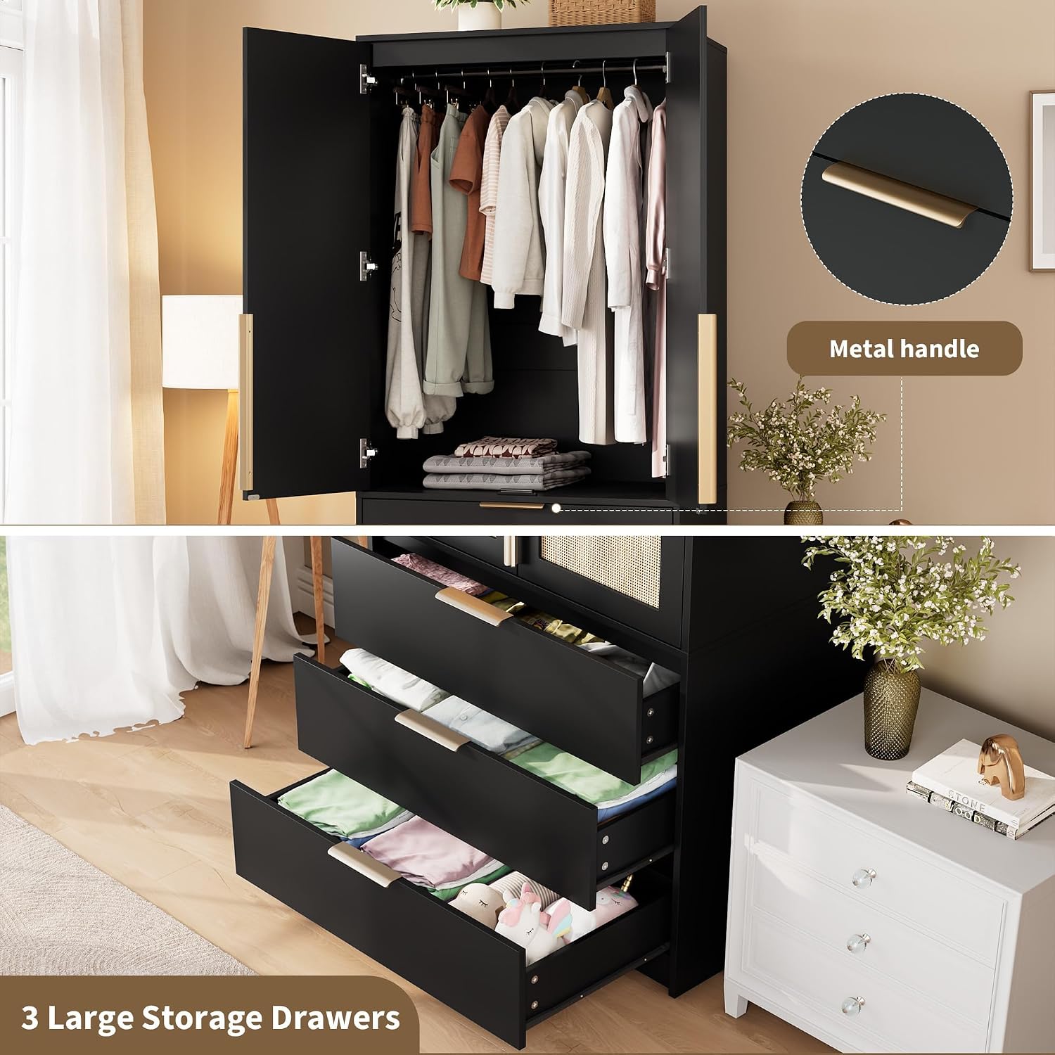 Garvee 70" Wardrobe Armoire Wooden Closet with 2 Doors and 3 Drawers, Black