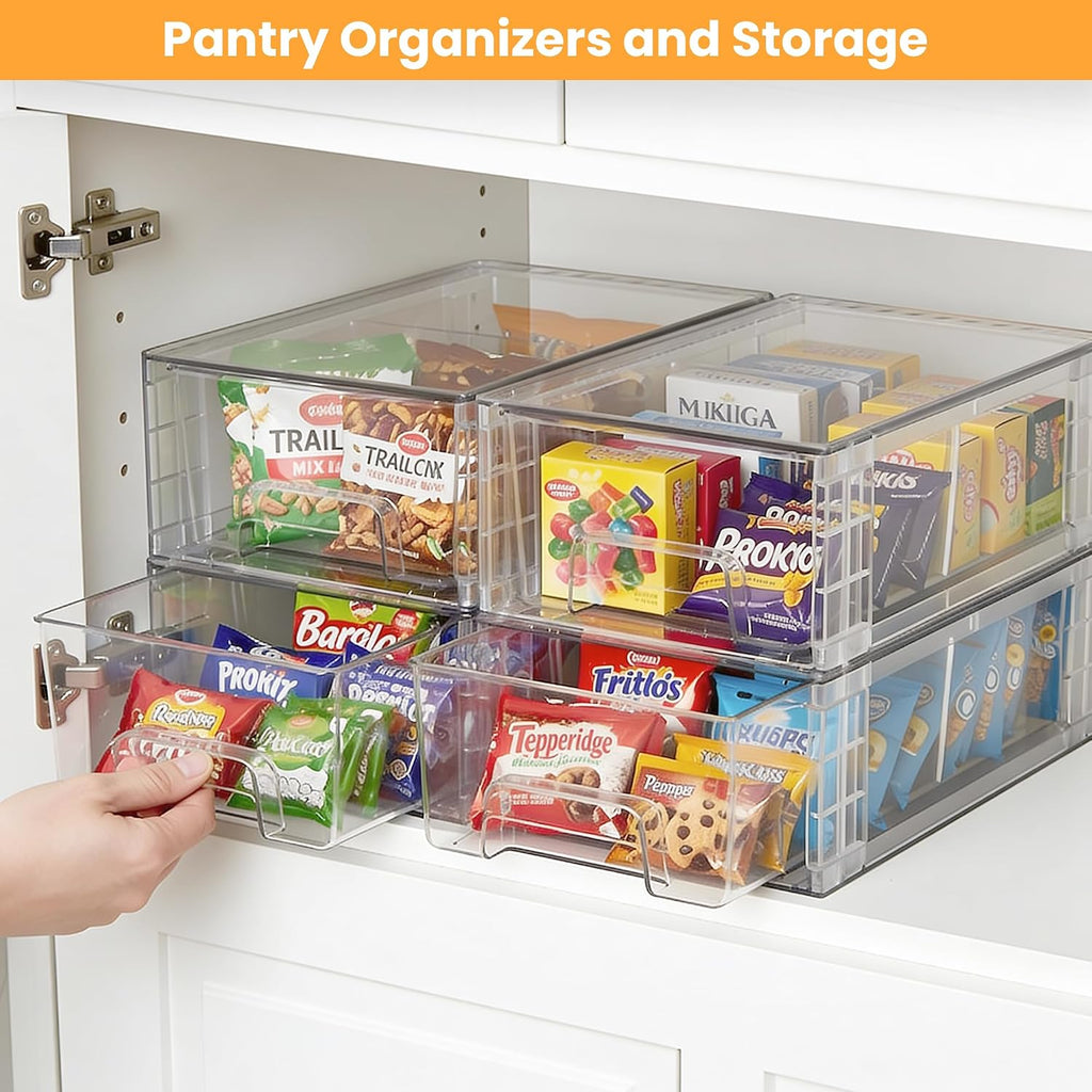 4 Pack Stackable Storage Drawers with Handles, Easy Assembly Clear Acrylic Fridge Organizer, Refrigerator Organizers and Storage for Kitchen, Under Sink, Pantry, Bathroom