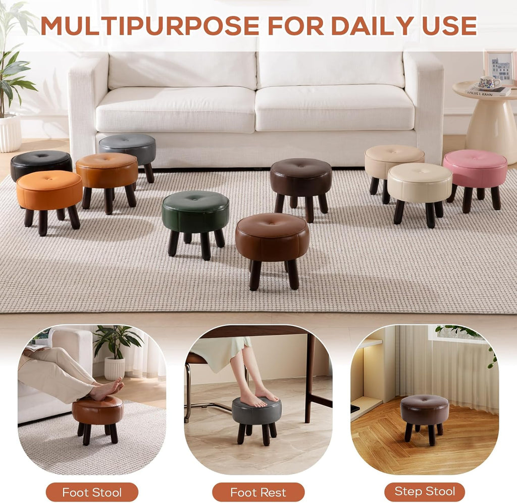 oakvivo Small Foot Stool, Round Faux Leather Pouf Ottoman Foot Rest, Footstool Ottomans with Rubber Legs Under Desk, 13''L x 13''W x 10.2''H, Footrest for Couch, Living Room, Bedroom, Hallway, Brown