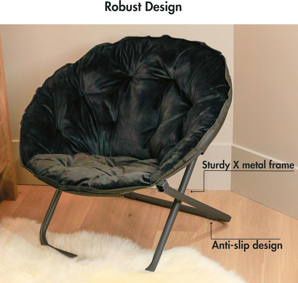 Comfy Faux Fur Saucer Chair for Adults, Foldable Moon Chair with Metal Frame, Soft Padded Lounge Chair for Bedroom, Dorm & Gaming, Large Cozy Circle Chair for Teens & Adults (Black)