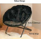 Comfy Faux Fur Saucer Chair for Adults, Foldable Moon Chair with Metal Frame, Soft Padded Lounge Chair for Bedroom, Dorm & Gaming, Large Cozy Circle Chair for Teens & Adults (Black)