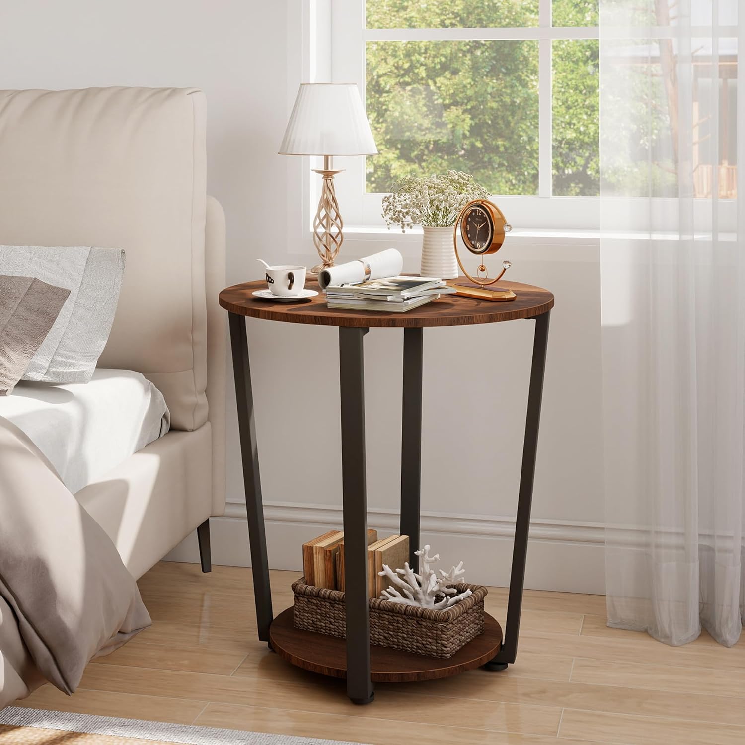 Round End Table, 2-Tier Storage Side Table with Metal Legs, Industrial Wood Accent Table for Living Room Bedroom, Small Space Nightstand with Open Shelf, Walnut