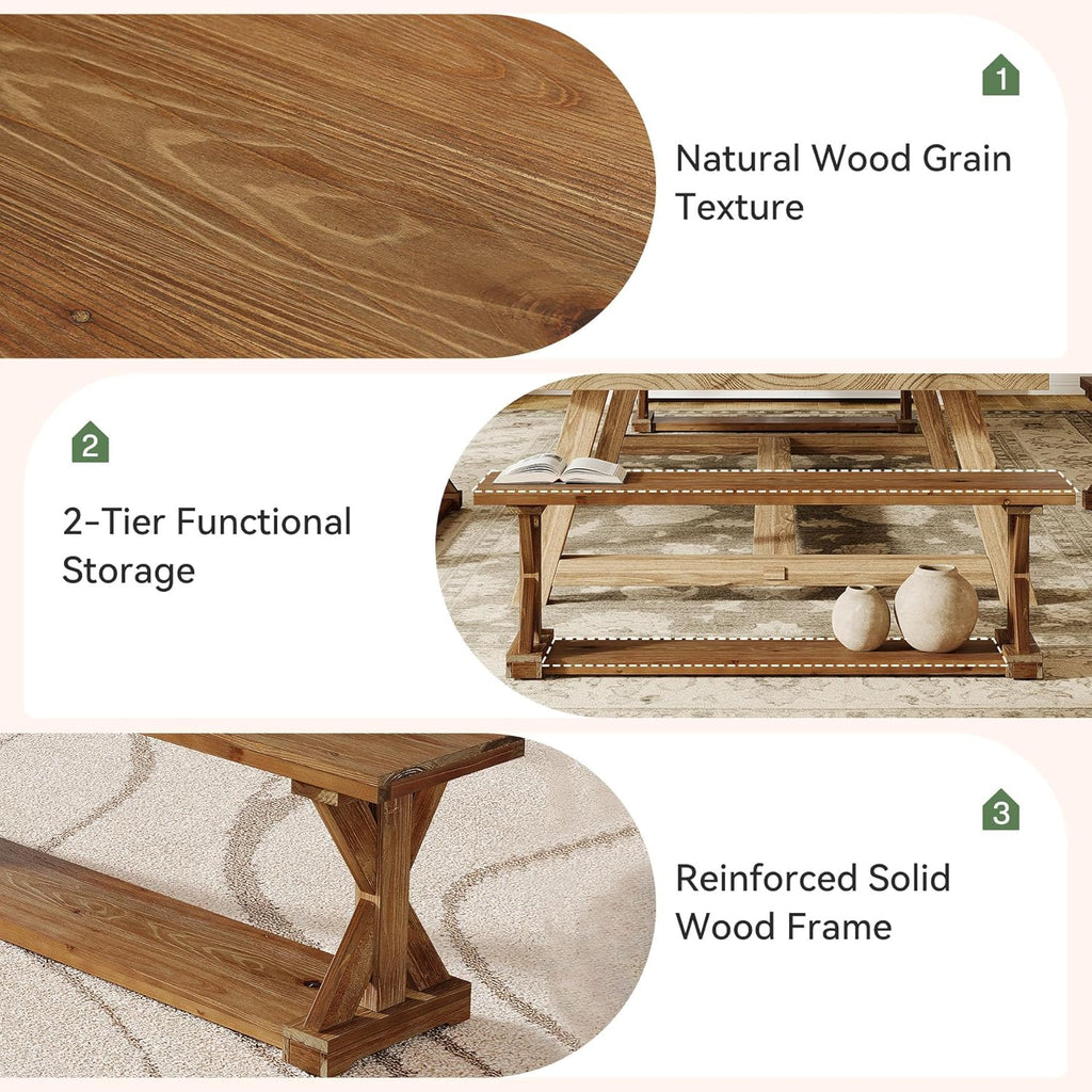 59-Inch Solid Wood Dining Bench, Modern Rustic Bench for Dining Table, 2-Tier Wooden Storage Seat for Dinner Room, Kitchen, Living Room & Hallway, Brown