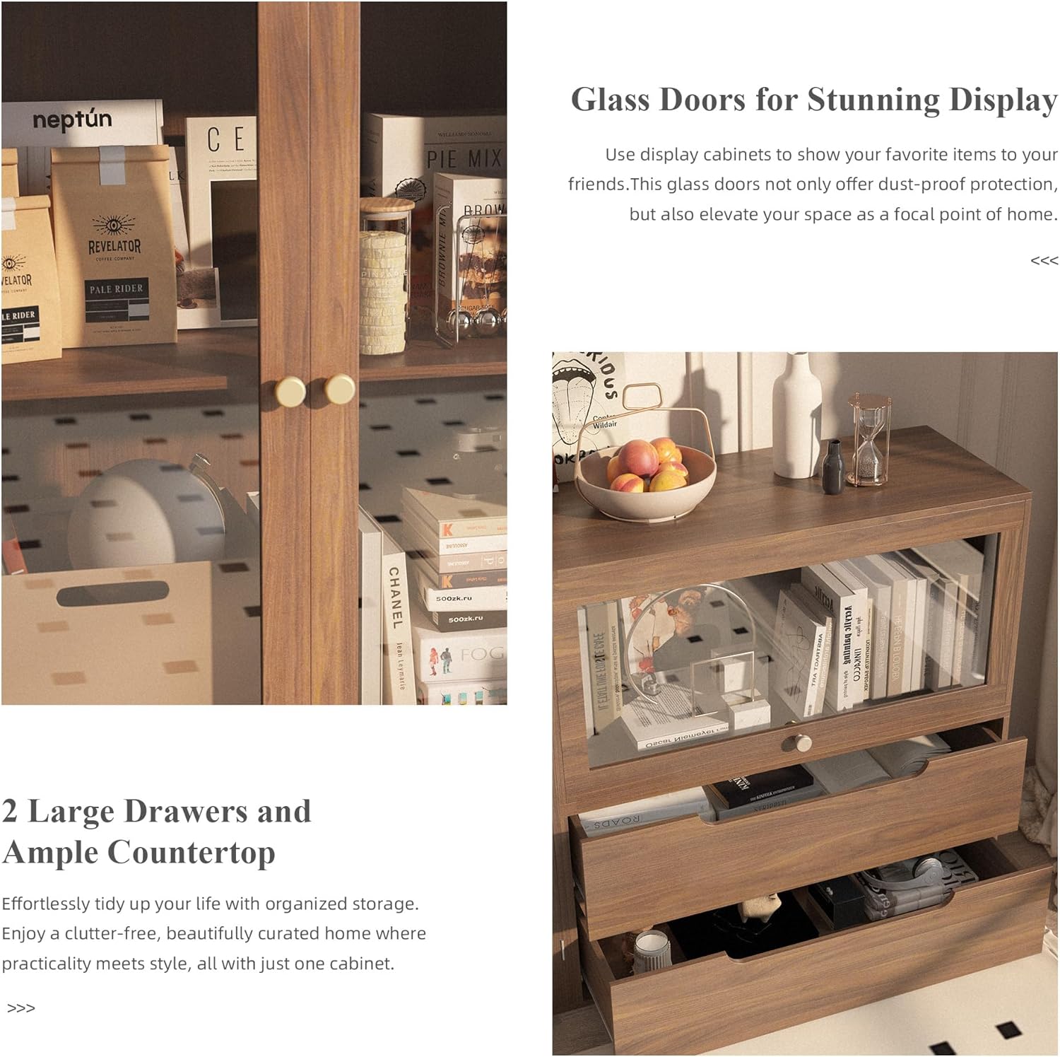 DIY Storage Cabinet 63'' Walnut - Glass Doors & Drawers Sideboard Buffet, Modern Coffee Bar for Living Room Kitchen Dining Entryway (Easy Assembly, Anti-Tip)