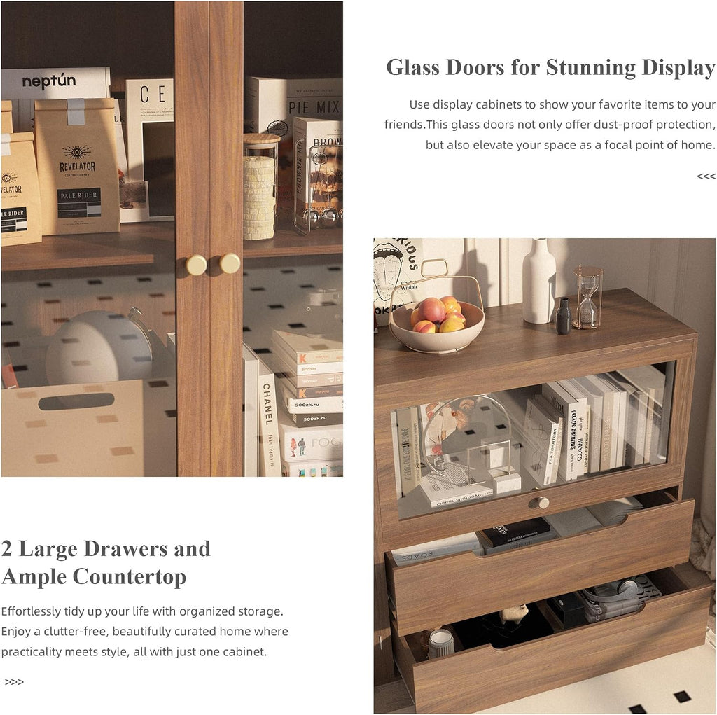 DIY Storage Cabinet 63'' Walnut - Glass Doors & Drawers Sideboard Buffet, Modern Coffee Bar for Living Room Kitchen Dining Entryway (Easy Assembly, Anti-Tip)