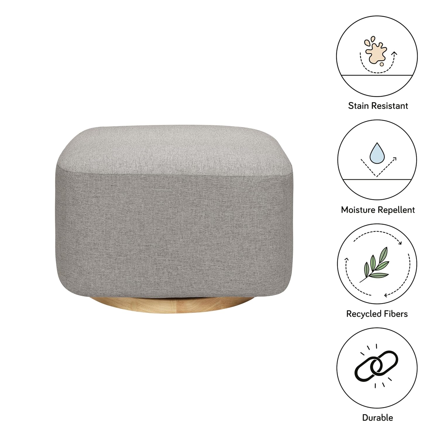 Babyletto Kiwi Gliding Ottoman in Performance Grey Eco-Weave with Light Wood Base, Water Repellent & Stain Resistant, Greenguard Gold and CertiPUR-US Certified