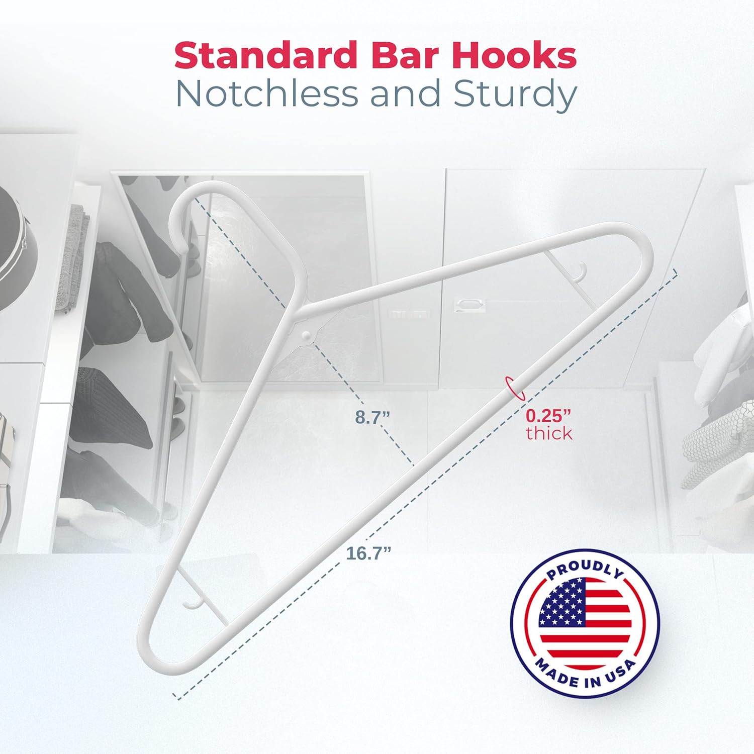 Plastic Hangers 20 Pack – Made in The USA – 6lb Capacity Standard Clothes Hangers with Strap Hooks for Dresses, Lingerie, Shirts, Pants, and Jackets – White