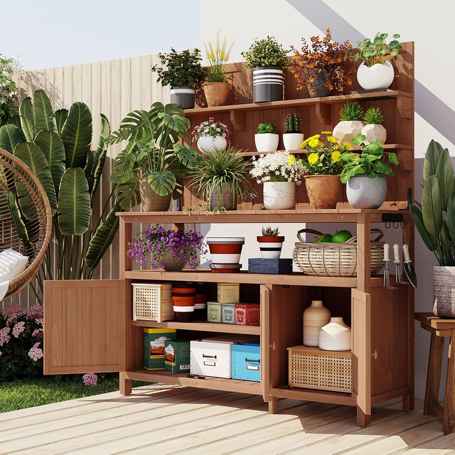 Outdoor Potting Bench Table with Hutch, 50.2" Solid Fir Wood Garden Workstation, Large Countertop, 2 Shelves, 2 Cabinets, for Gardening (Natural6, 50.2")