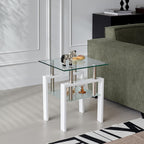 1PC Glass End Table - Modern Two Tiered Clear Nightstand Side Tables, Square Tempered Glass Table with White Metal Frame for Living Room or Bedroom 17.72" x 17.72" x 20.47"H