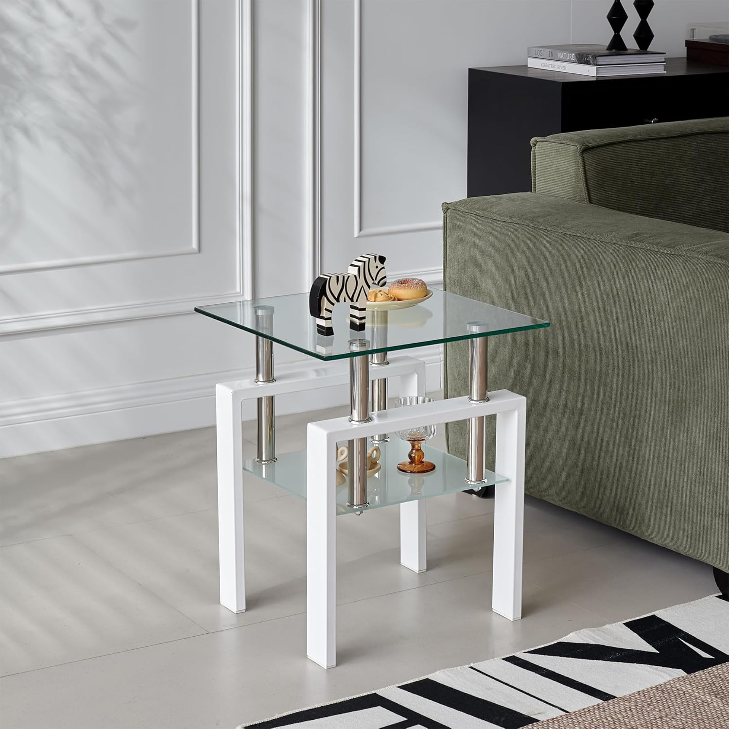 1PC Glass End Table - Modern Two Tiered Clear Nightstand Side Tables, Square Tempered Glass Table with White Metal Frame for Living Room or Bedroom 17.72" x 17.72" x 20.47"H