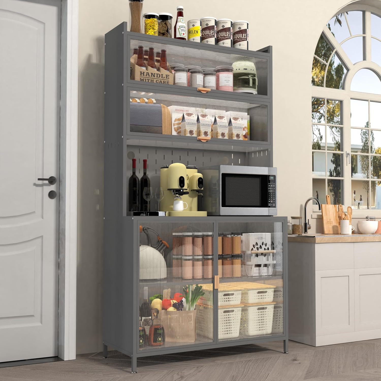 73" Pantry Cabinet Kitchen Hutch Cabinet with Doors & Adjustable Shelves, Stylish Metal Sideboard Cupboard Storage Cabinet, Anti-Tip Design Hutch for Kitchen Dining Room(Grey)