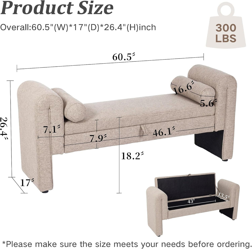 Storage Bench for Bedroom End of Bed, Velvet Upholstered Rolled Armed Button Tufted Sofa Stool Bench, Storage Ottoman Couch Long Bench with Solid Wood Legs (Oatmeal)