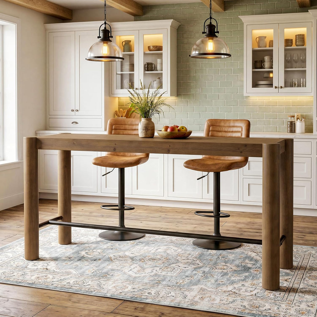59-Inch Bar Table, Solid Wood Counter Height Dining Table with Metal Footrest, Modern Rustic Home Bar Unit for Kitchen, Living Room & Dining Room, Brown