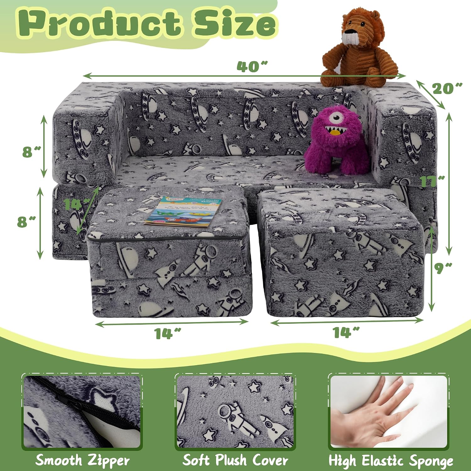 Kids Play Couch,3 in 1 Modular Toddler Sofa Glow in The Dark, Imaginative Foam Play Couch for Toddler and Baby, Convertible Kids Sofa for Playroom & Bedroom, Spacecraft