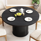 47 inch Round Dining Table for 4, Circle Kitchen Table with 2-Layer Storage Shelf and a Drawer, Modern Farmhouse Dinner Tables with Sliding Door and Wood Strip Base for Kitchen, Living Room (Black)