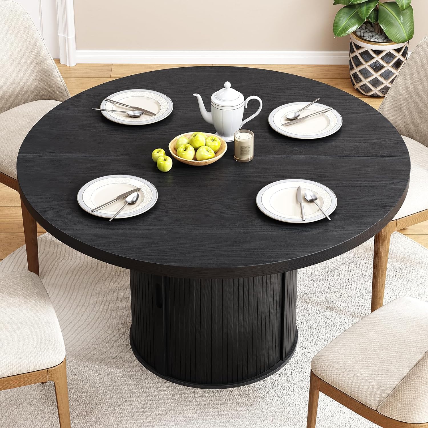 47 inch Round Dining Table for 4, Circle Kitchen Table with 2-Layer Storage Shelf and a Drawer, Modern Farmhouse Dinner Tables with Sliding Door and Wood Strip Base for Kitchen, Living Room (Black)