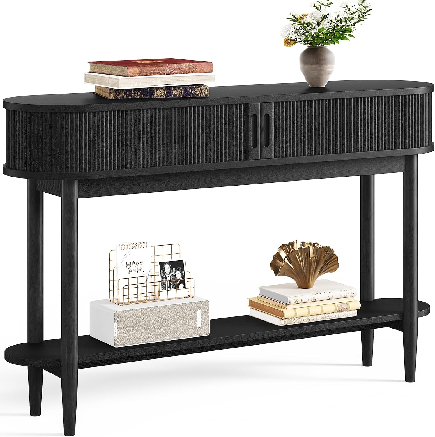 LINSY Fluted Console Table with Storage and Shelves, Black | Entryway Table, Wood Entrance, Behind Couch Sofa Table, Foyer Tables for Hallways, Living Room Boho Furniture, Narrow Long