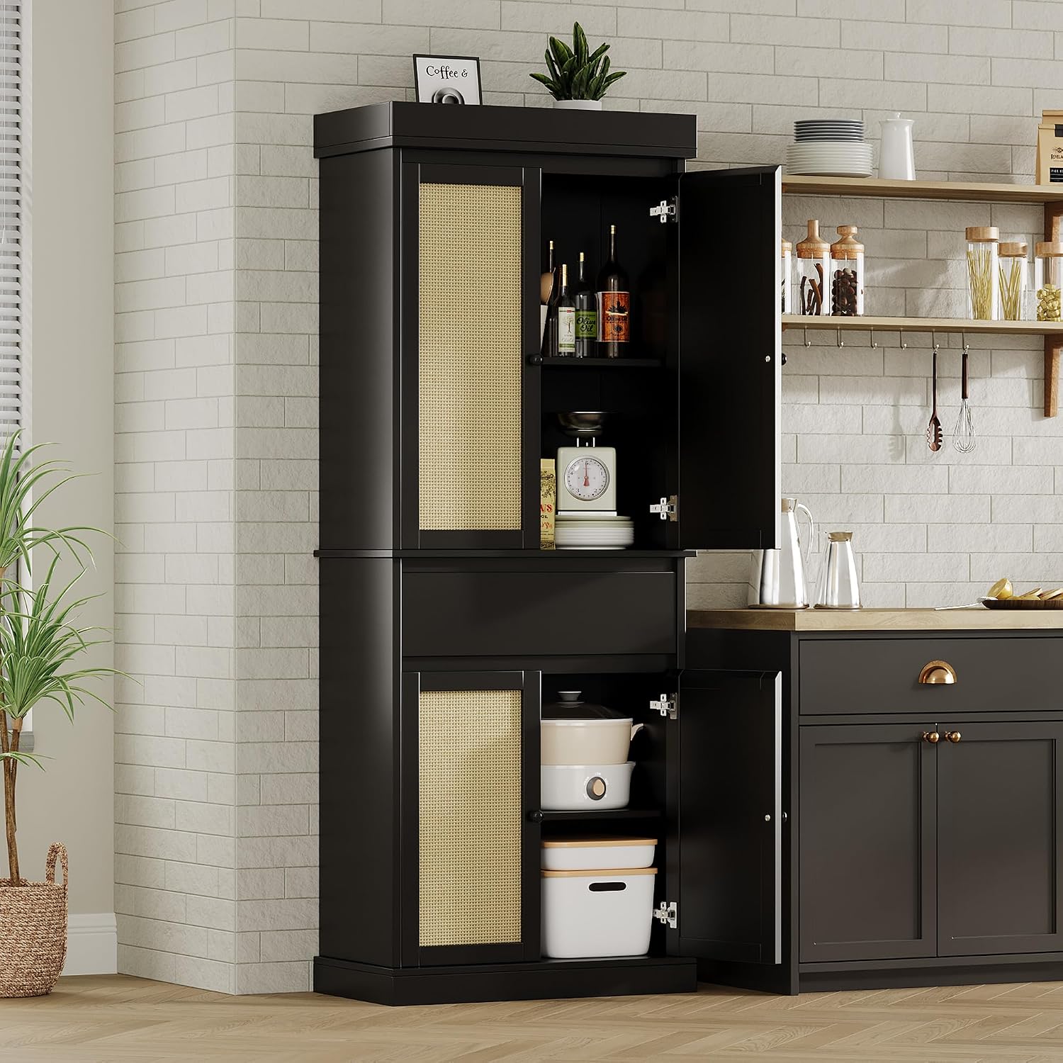 Garvee Tall Pantry Cabinet, Rattan Kitchen Pantry Storage Cabinet with Doors and Adjustable Shelves, 69" Freestanding Cupboard Cabinet with Drawer for Bathroom, Dining Room, Living Room, Black