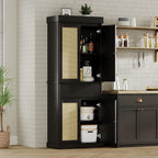 69'' Tall Pantry Cabinet - 4 Rattan Doors, Drawer, and 2 Adjustable Shelves - Freestanding Storage Cupboard for Entryway, Kitchen, Dining Room, Bathroom, or Office,Black