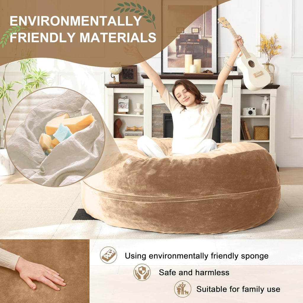 Bean Bag Chair for Adults Soft Comfy Bean Bag for Adults, Cozy Reading Chair, Large Round Bean Bag Couch, Versatile Living Room & Bedroom Chairs (Apricot, 5FT)