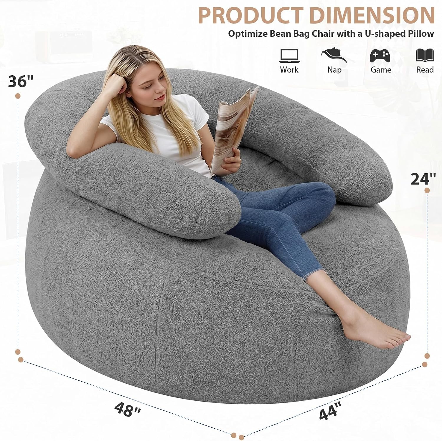 HABUTWAY Giant Bean Bag Chair, Oversized Beanbag Chair with Filler, Ultra Soft Teddy Fleece Bean Bag Lounge Floor Sofa w/U-Shaped Pillow for Gaming, Reading, Light Grey & Light Grey