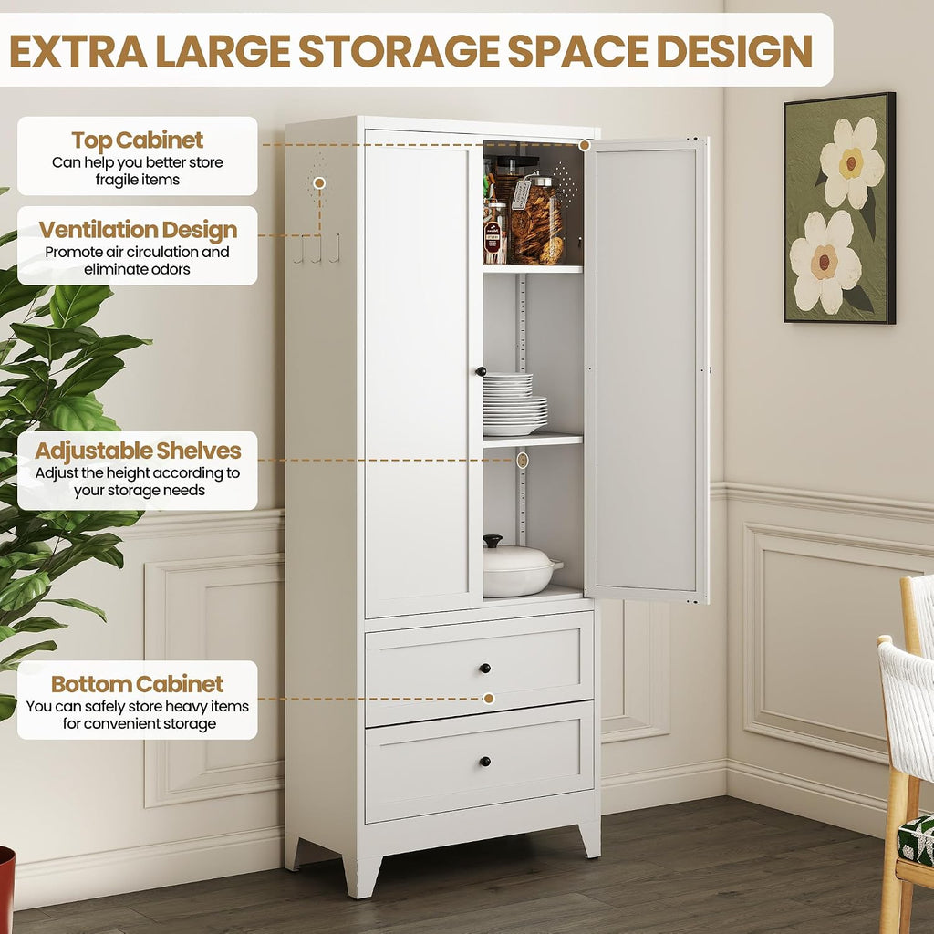 Kitchen Pantry Storage Cabinet, 72" H Storage Cabinet with 2 Drawers and Adjustable Shelves, Spacious Cupboard with Round Handles, Metal Kitchen Cabinet for Dining Room, Living Room, White