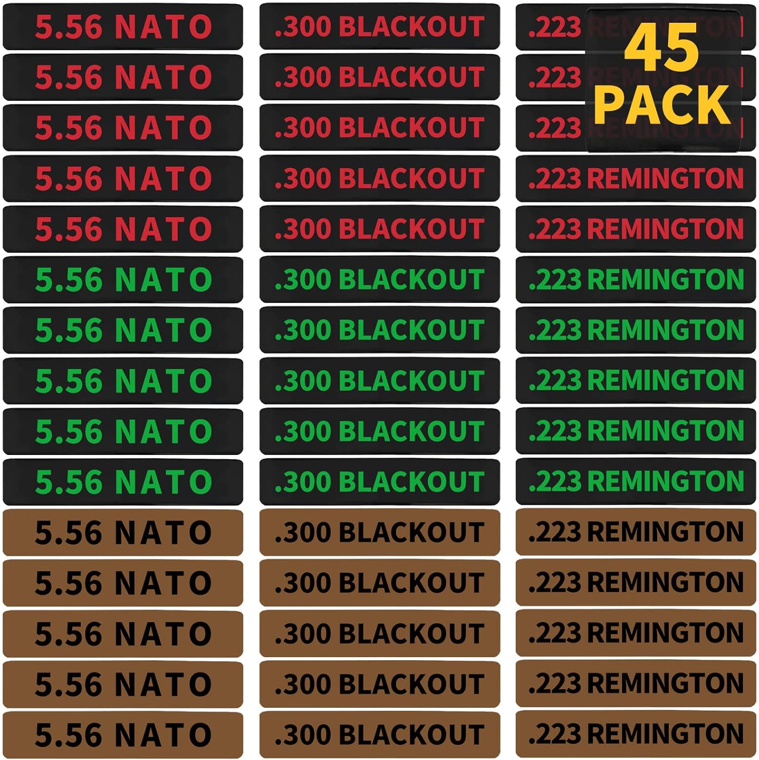 45 Pack Miaozhun Magazine Marking Bands, 5.56 NATO, .223 Remington, .300 Blackout Magazine Caliber Identification
