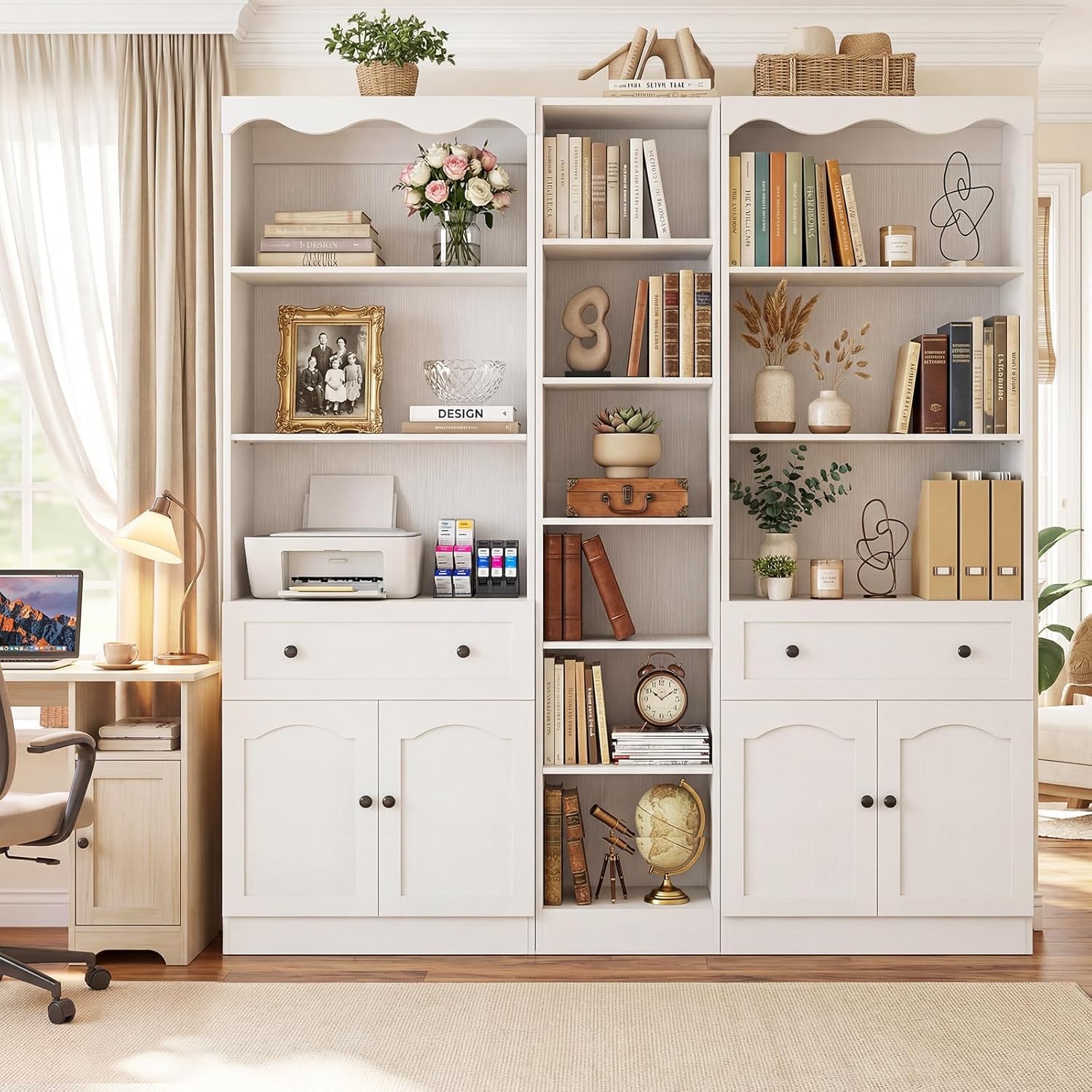 Cyclysio 80" Tall Pantry Cabinet Set of 3, Wood Kitchen Hutch with Open Shelves, Drawers & Cupboards, Flush-to-Wall Coffee Bar Cabinet with Baseboard Cutout, White