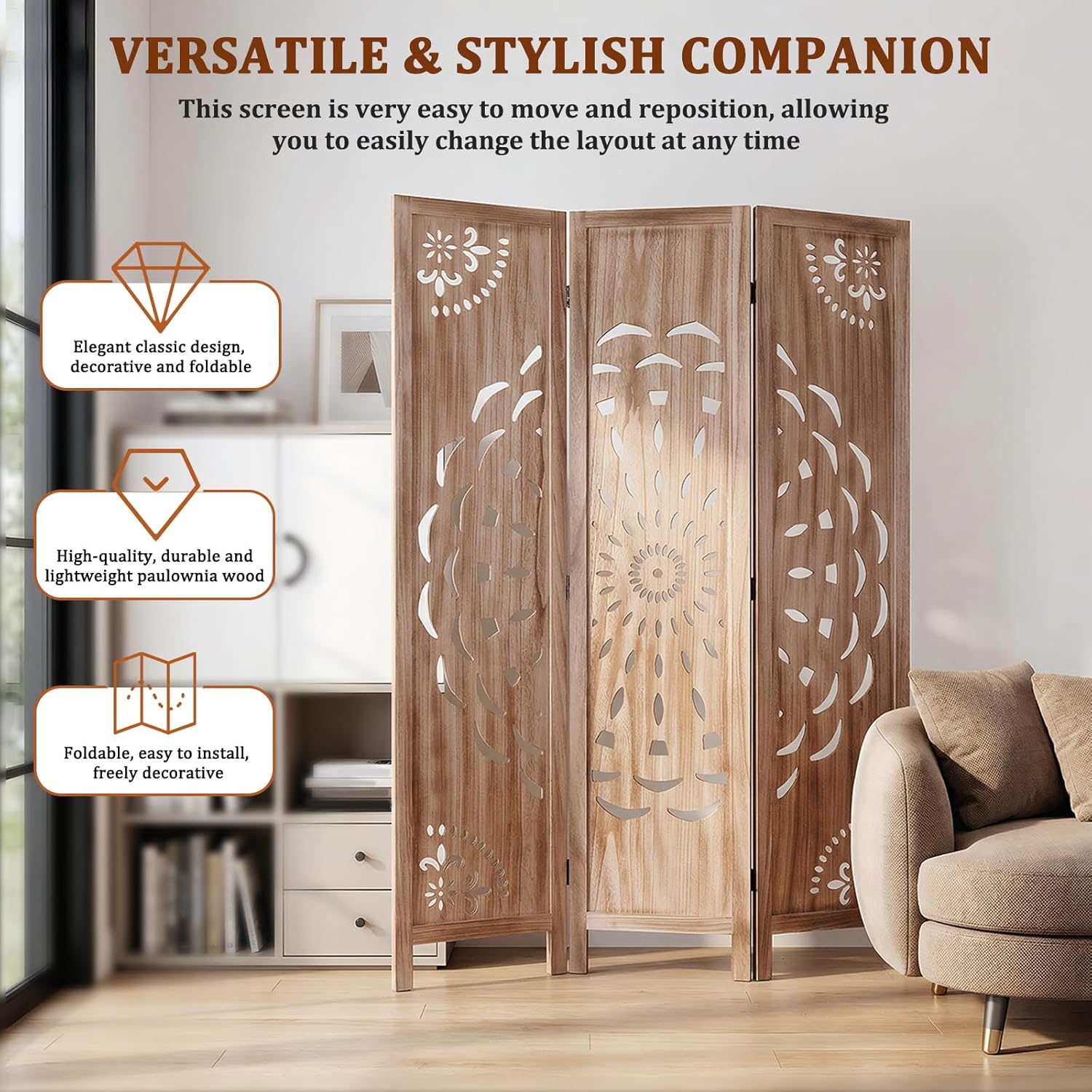 Boho Wood Carved Room Divider 3 Panel 67 Inch, Free Standing Privacy Screen with Anti-Slip Feet, Foldable Partition for Bedroom, Home Office, Headboard and Yoga Backdrop, Brown