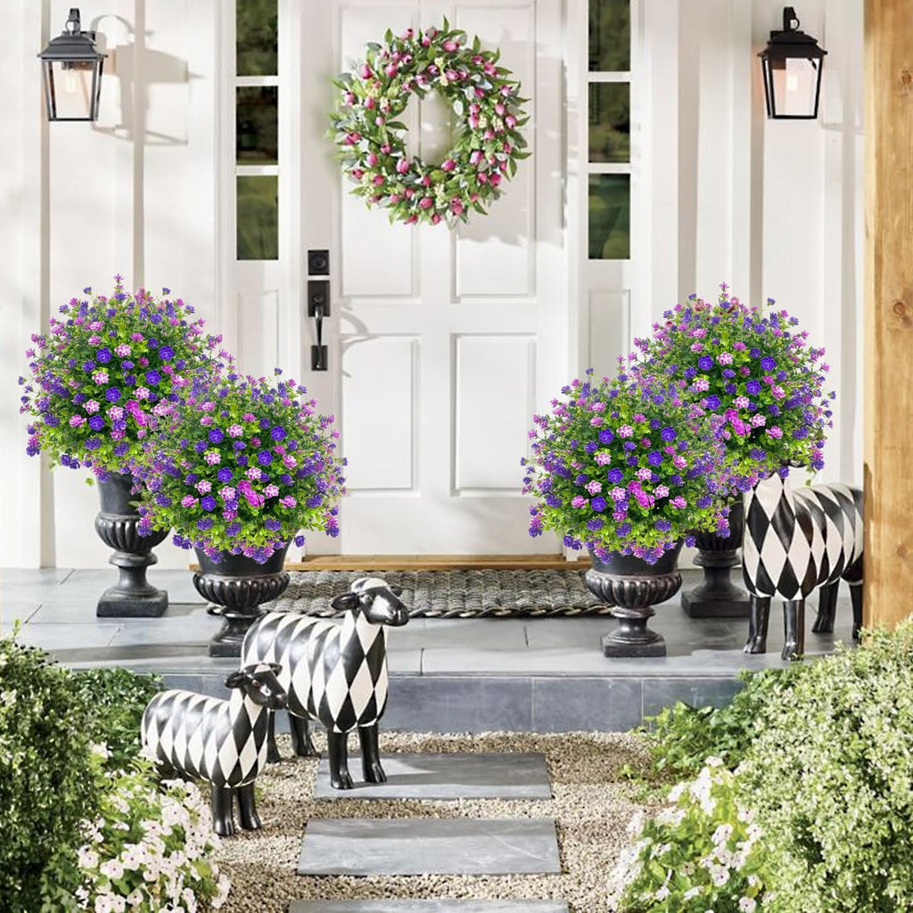 2 Pack Artificial Boxwood Topiary Ball Trees with Spikes, Outdoor UV Resistant Fake Plants Flowers, Faux Bushes Shrubs Greenery for Planters Yard Porch Pathway Office Balcony Decor - Purple