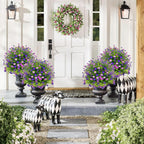 2 Pack Artificial Boxwood Topiary Ball Trees with Spikes, Outdoor UV Resistant Fake Plants Flowers, Faux Bushes Shrubs Greenery for Planters Yard Porch Pathway Office Balcony Decor - Purple