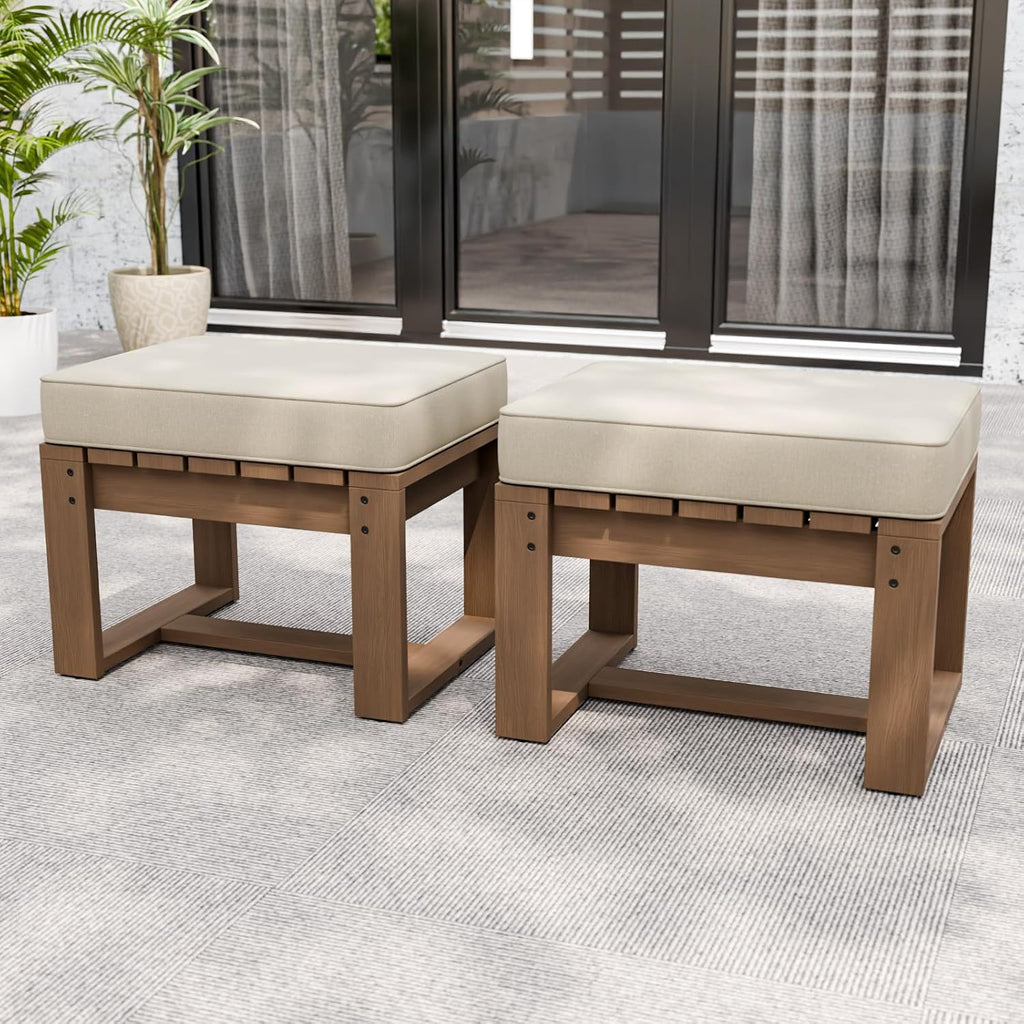 Rustic Hideaway Natural Cedar Wood Ottoman Foot Rest, Patio Foot Stools Ottomans with Removable Cushions, Outdoor Real Wood Footrest, 2 Pieces, Brownish/Beige
